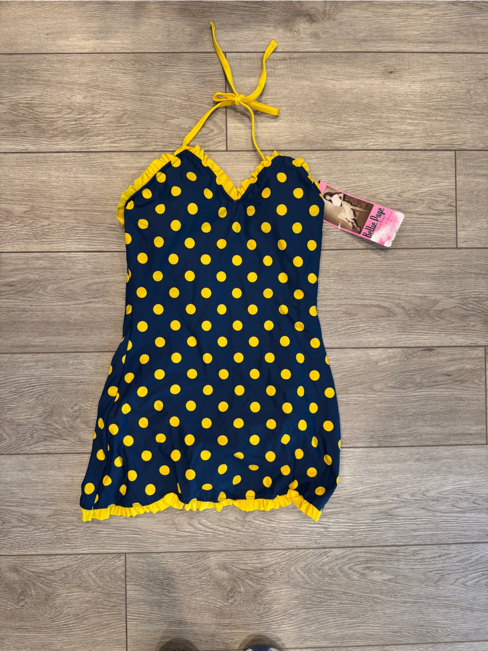 Bettie Page Navy Blue and Yellow Polka Dot One-Piece Swimdress